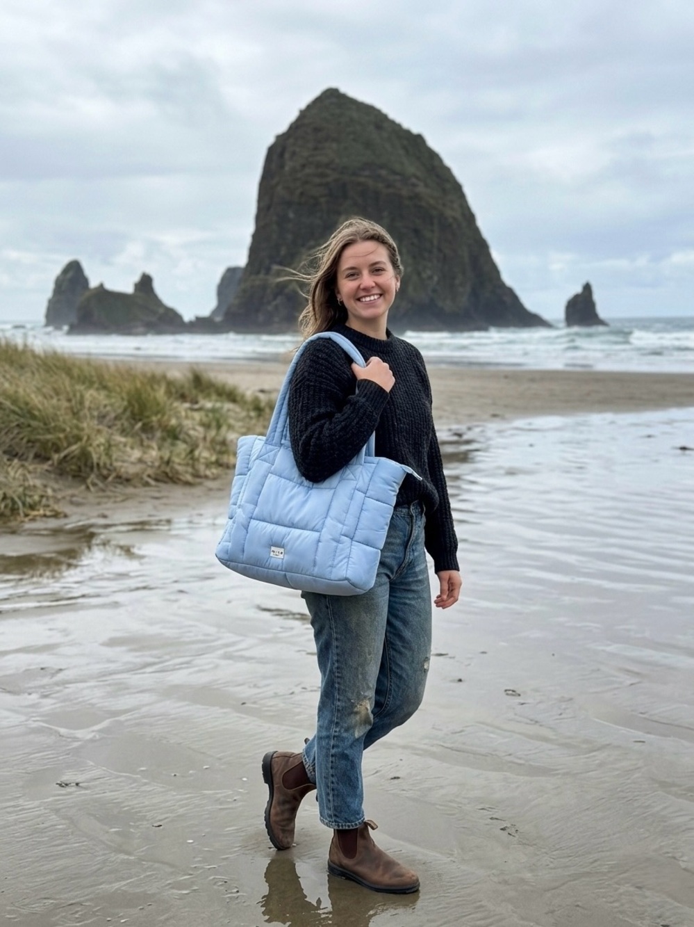 WILO The Label Light Blue Quilted Puffer Tote Bag Large Travel Gym Shoulder Bag